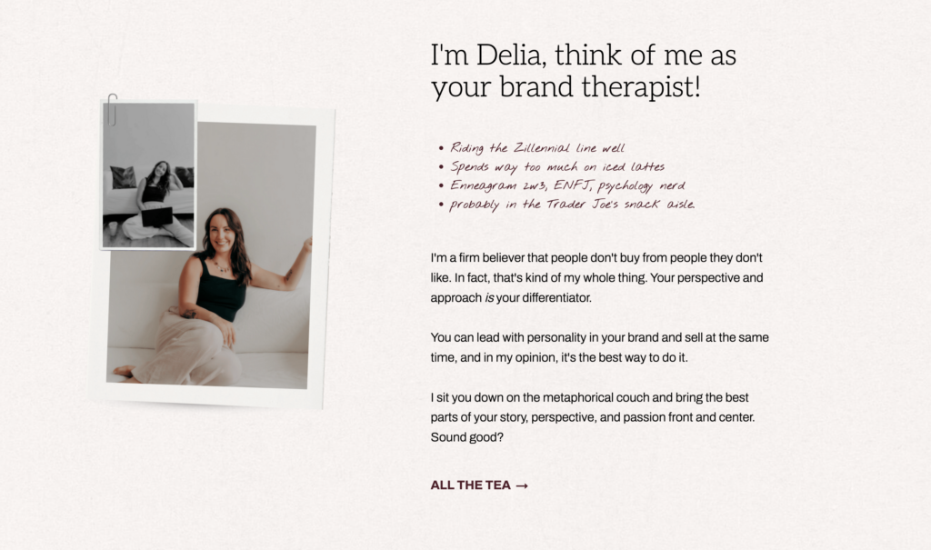 Screenshot of 'Mini About' section on Tidewater Studio's homepage, with the header "I'm Delia, think of me as your brand therapist" with a paragraph descriptor on her perspectives on copywriting and branding. 
