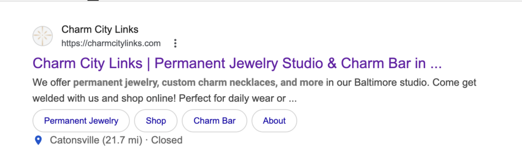 Screenshot of SEO title and meta description for Charm City Links homepage, used to represent what a strong page title and meta description can do to help SEO.